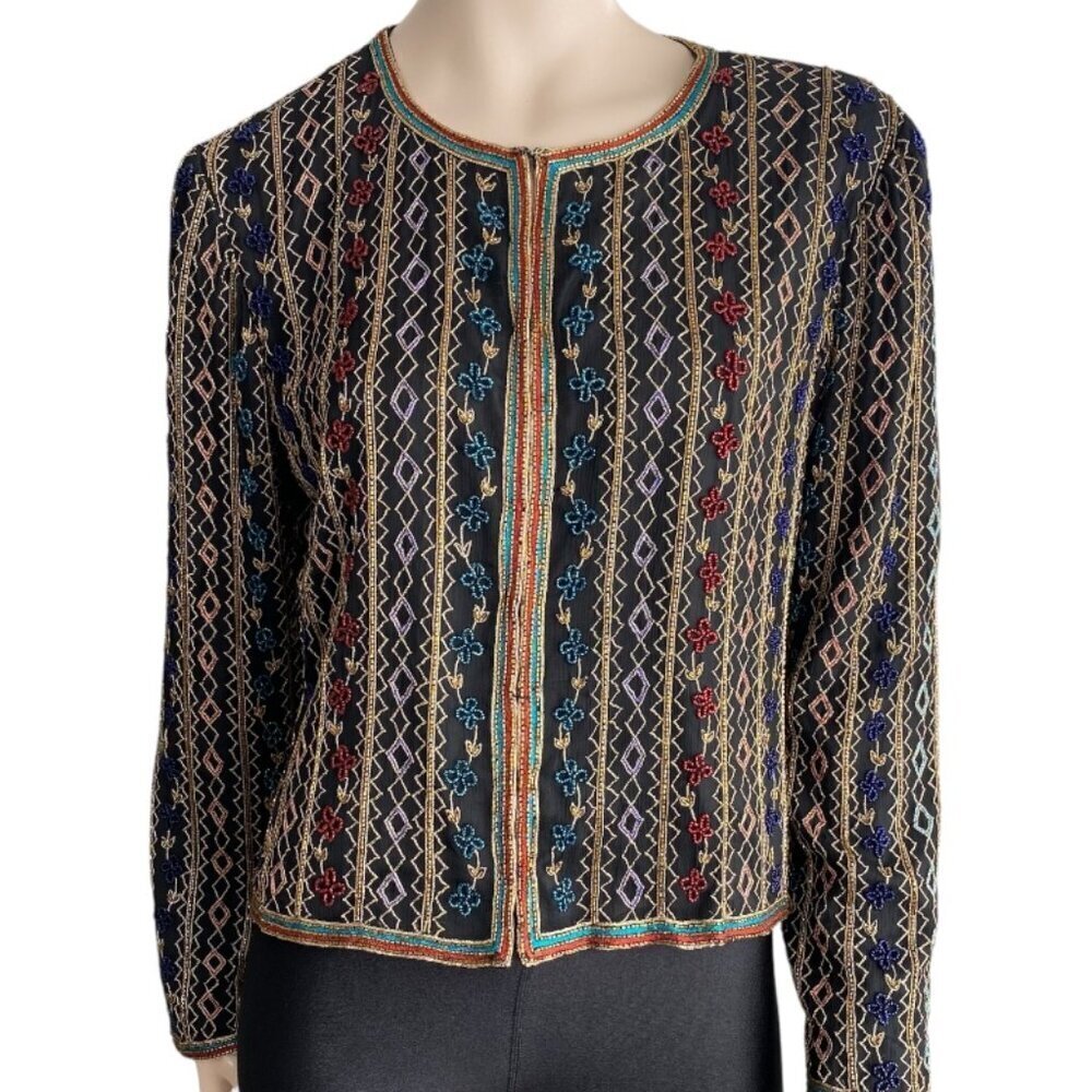 Vintage 100% Pure Silk Hand Beaded Embroidered Blazer Sz M